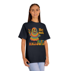 Colorful Halloween Ghost Tee, Fun Halloween Shirt, Unisex Classic T-Shirt, Retro Vibe Apparel, Peace Sign Ghost Tee