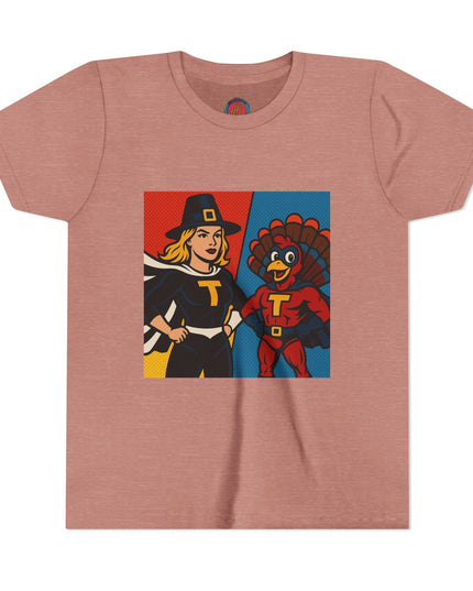 Thanksgiving Superhero Youth Tee, Fun Kids T-Shirt, Holiday Apparel, Gift for Kids, Thanksgiving Outfit, Family Gathering Tee