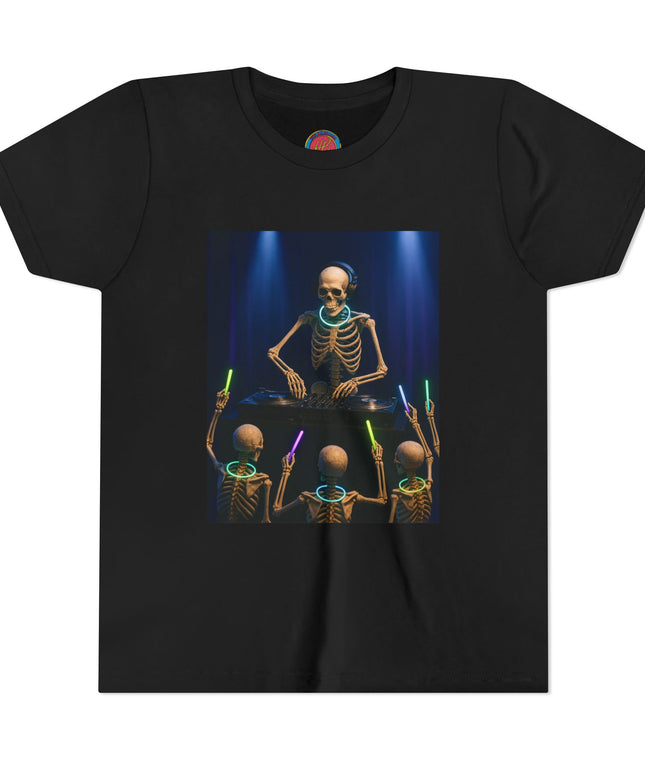 Cool Skeleton DJ Youth Tee, Halloween T-Shirt, Youth Graphic Top, Fun Party Apparel, Unique Bone DJ Shirt