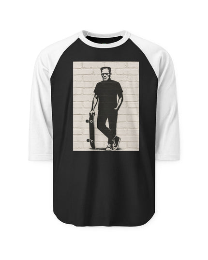 Vintage Halloween Frankenstein Skateboarder Raglan Shirt | Unisex Casual Tee, Skate Design Tee, Gift for Skaters, Retro Style, Streetwear, Perfect for Events
