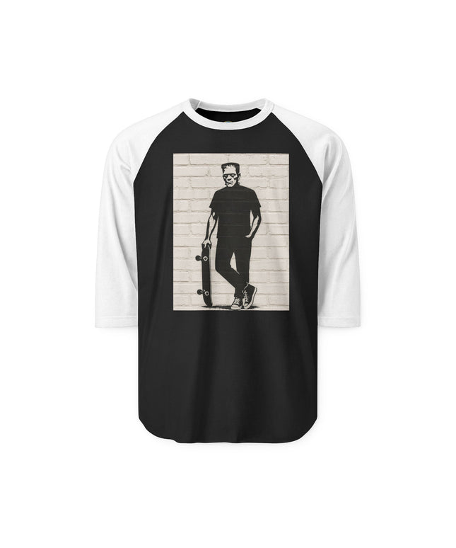 Vintage Halloween Frankenstein Skateboarder Raglan Shirt | Unisex Casual Tee, Skate Design Tee, Gift for Skaters, Retro Style, Streetwear, Perfect for Events