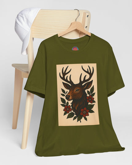 Rustic Deer Graphic Tee, Boho Nature Shirt, Vintage Animal Print Top, Unisex Casual Wear, Perfect for Outdoor Adventures