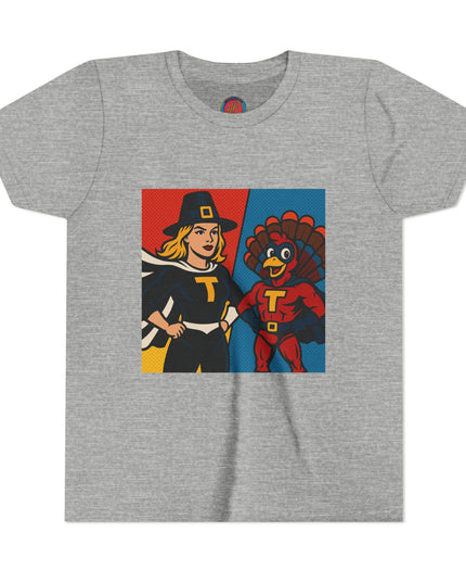 Thanksgiving Superhero Youth Tee, Fun Kids T-Shirt, Holiday Apparel, Gift for Kids, Thanksgiving Outfit, Family Gathering Tee