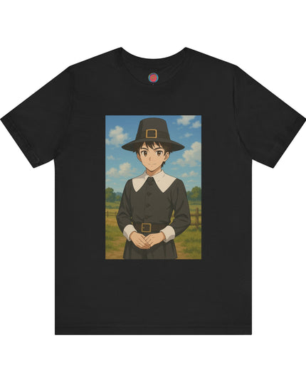 Thanksgiving Anime Pilgrim Tee, Unisex Jersey Short Sleeve Tee, Fall Fashion, Holiday Apparel, Gifts for Thanksgiving