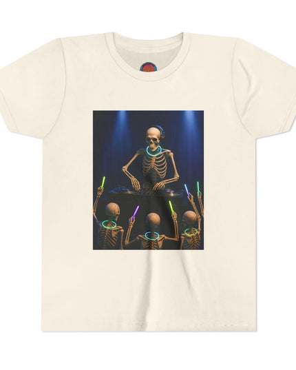 Cool Skeleton DJ Youth Tee, Halloween T-Shirt, Youth Graphic Top, Fun Party Apparel, Unique Bone DJ Shirt