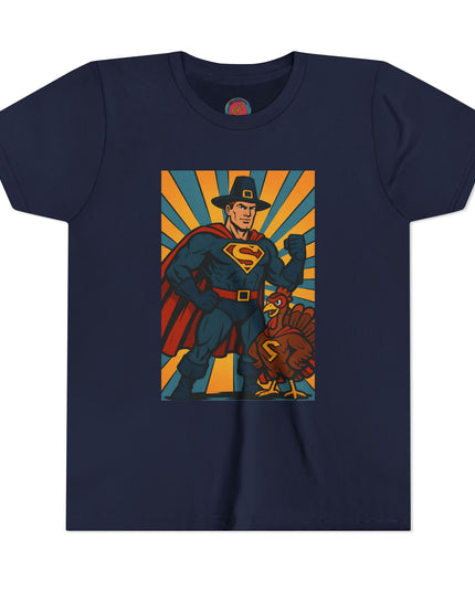 Thanksgiving Superhero Youth Tee - Fun and Unique Short Sleeve T-Shirt for Kids, Birthday Gift, Thanksgiving, Everyday Playwear