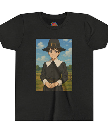 Thanksgiving Pilgrim Youth Tee, Short Sleeve Anime Shirt for Kids, Fall Apparel, Thanksgiving Celebration, Cute Holiday T-Shirt