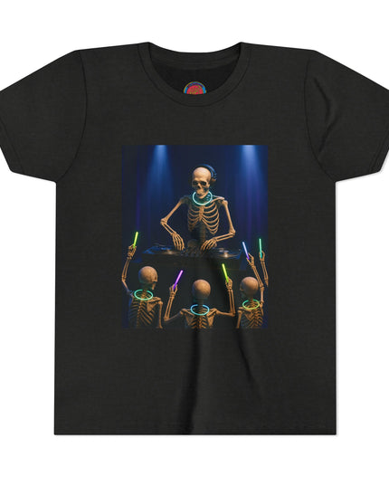 Cool Skeleton DJ Youth Tee, Halloween T-Shirt, Youth Graphic Top, Fun Party Apparel, Unique Bone DJ Shirt