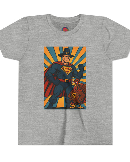 Thanksgiving Superhero Youth Tee - Fun and Unique Short Sleeve T-Shirt for Kids, Birthday Gift, Thanksgiving, Everyday Playwear