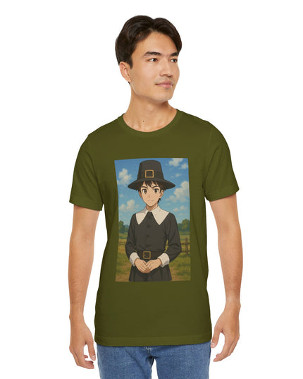 Thanksgiving Anime Pilgrim Tee, Unisex Jersey Short Sleeve Tee, Fall Fashion, Holiday Apparel, Gifts for Thanksgiving