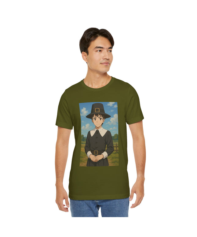 Thanksgiving Anime Pilgrim Tee, Unisex Jersey Short Sleeve Tee, Fall Fashion, Holiday Apparel, Gifts for Thanksgiving