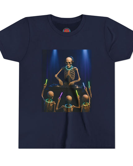 Cool Skeleton DJ Youth Tee, Halloween T-Shirt, Youth Graphic Top, Fun Party Apparel, Unique Bone DJ Shirt