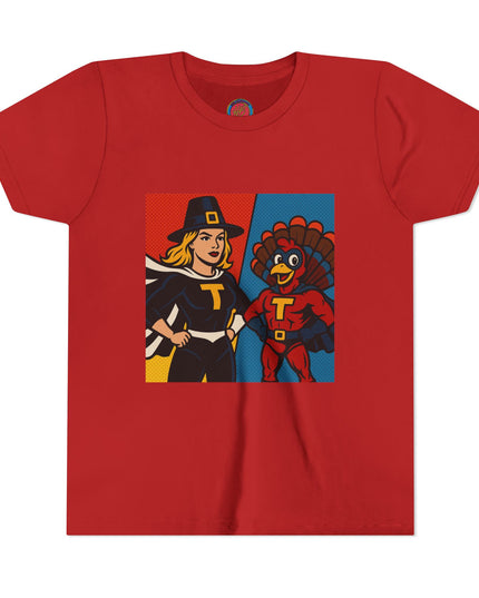 Thanksgiving Superhero Youth Tee, Fun Kids T-Shirt, Holiday Apparel, Gift for Kids, Thanksgiving Outfit, Family Gathering Tee