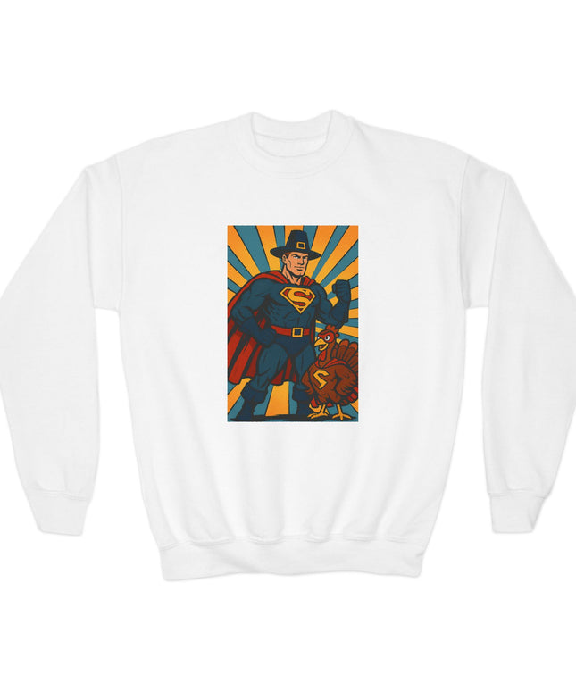 Superhero Youth Crewneck Sweatshirt, Kids Graphic Pullover, Comic Book Sweatshirt, Birthday Gift, Fun Casual Wear, Kids Thanksgiving Sweatshirt
