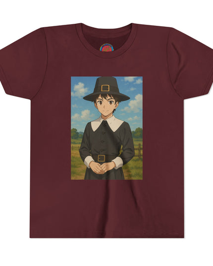Thanksgiving Pilgrim Youth Tee, Short Sleeve Anime Shirt for Kids, Fall Apparel, Thanksgiving Celebration, Cute Holiday T-Shirt