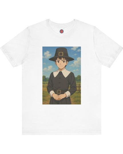 Thanksgiving Anime Pilgrim Tee, Unisex Jersey Short Sleeve Tee, Fall Fashion, Holiday Apparel, Gifts for Thanksgiving