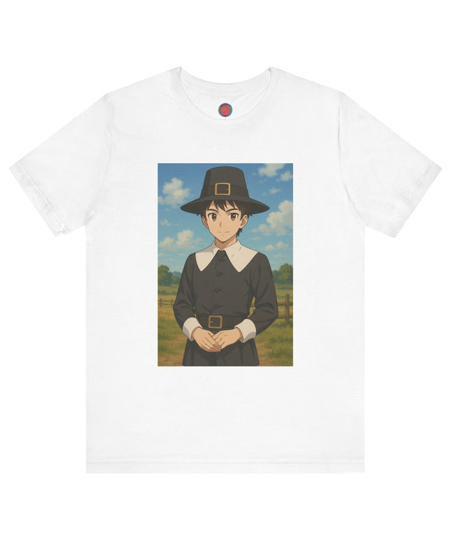 Thanksgiving Anime Pilgrim Tee, Unisex Jersey Short Sleeve Tee, Fall Fashion, Holiday Apparel, Gifts for Thanksgiving