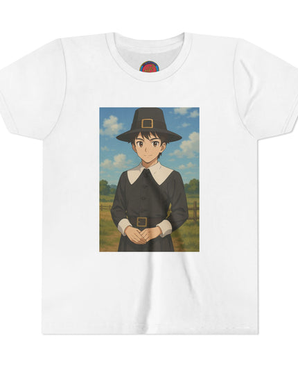 Thanksgiving Pilgrim Youth Tee, Short Sleeve Anime Shirt for Kids, Fall Apparel, Thanksgiving Celebration, Cute Holiday T-Shirt