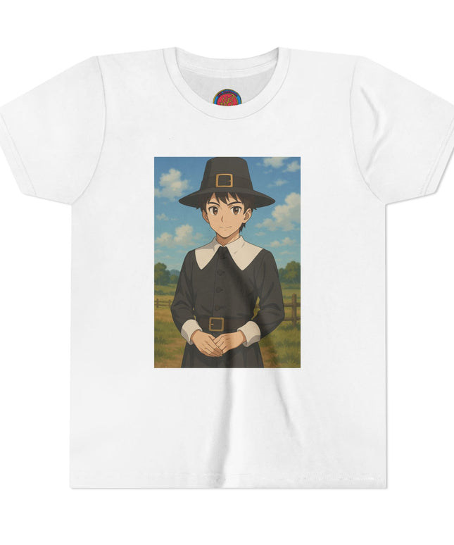 Thanksgiving Pilgrim Youth Tee, Short Sleeve Anime Shirt for Kids, Fall Apparel, Thanksgiving Celebration, Cute Holiday T-Shirt