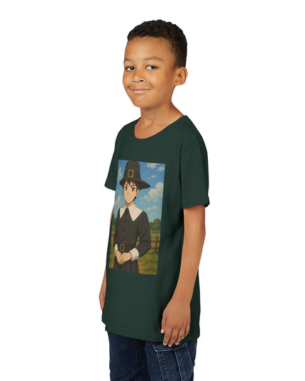 Thanksgiving Pilgrim Youth Tee, Short Sleeve Anime Shirt for Kids, Fall Apparel, Thanksgiving Celebration, Cute Holiday T-Shirt