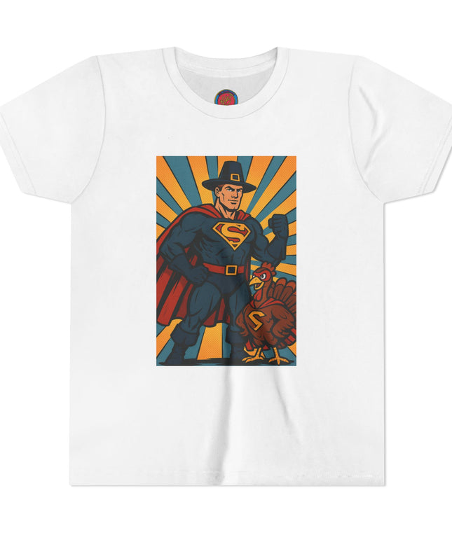 Thanksgiving Superhero Youth Tee - Fun and Unique Short Sleeve T-Shirt for Kids, Birthday Gift, Thanksgiving, Everyday Playwear
