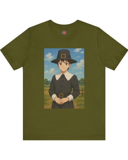 Thanksgiving Anime Pilgrim Tee, Unisex Jersey Short Sleeve Tee, Fall Fashion, Holiday Apparel, Gifts for Thanksgiving