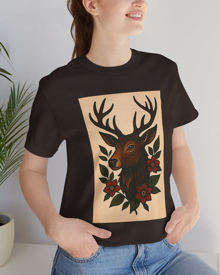 Rustic Deer Graphic Tee, Boho Nature Shirt, Vintage Animal Print Top, Unisex Casual Wear, Perfect for Outdoor Adventures
