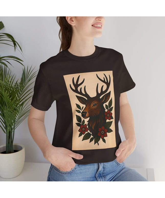 Rustic Deer Graphic Tee, Boho Nature Shirt, Vintage Animal Print Top, Unisex Casual Wear, Perfect for Outdoor Adventures