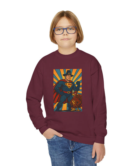 Superhero Youth Crewneck Sweatshirt, Kids Graphic Pullover, Comic Book Sweatshirt, Birthday Gift, Fun Casual Wear, Kids Thanksgiving Sweatshirt