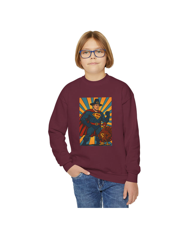 Superhero Youth Crewneck Sweatshirt, Kids Graphic Pullover, Comic Book Sweatshirt, Birthday Gift, Fun Casual Wear, Kids Thanksgiving Sweatshirt