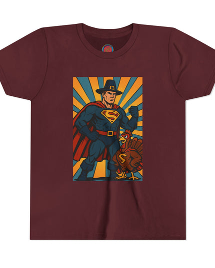 Thanksgiving Superhero Youth Tee - Fun and Unique Short Sleeve T-Shirt for Kids, Birthday Gift, Thanksgiving, Everyday Playwear