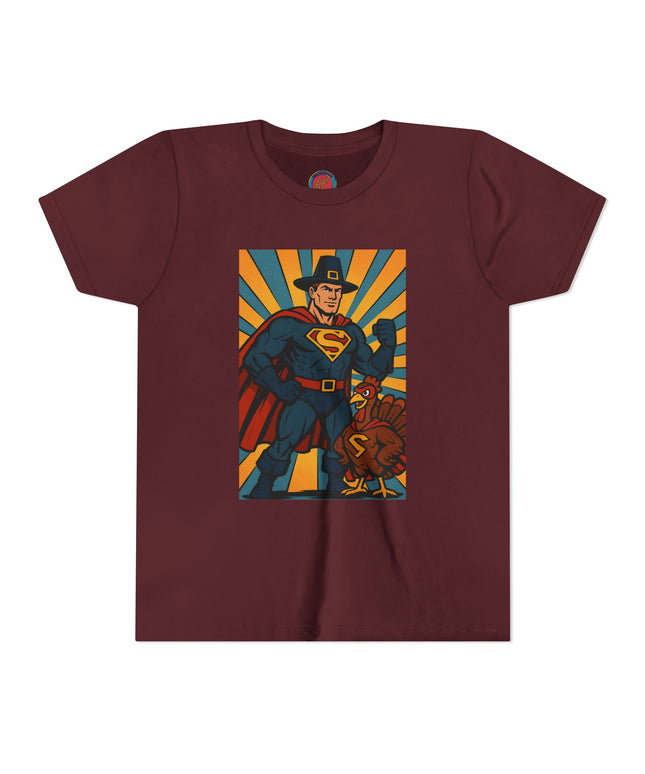 Thanksgiving Superhero Youth Tee - Fun and Unique Short Sleeve T-Shirt for Kids, Birthday Gift, Thanksgiving, Everyday Playwear