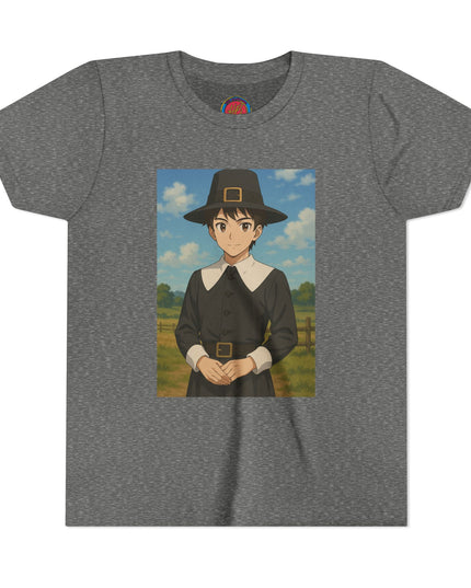 Thanksgiving Pilgrim Youth Tee, Short Sleeve Anime Shirt for Kids, Fall Apparel, Thanksgiving Celebration, Cute Holiday T-Shirt