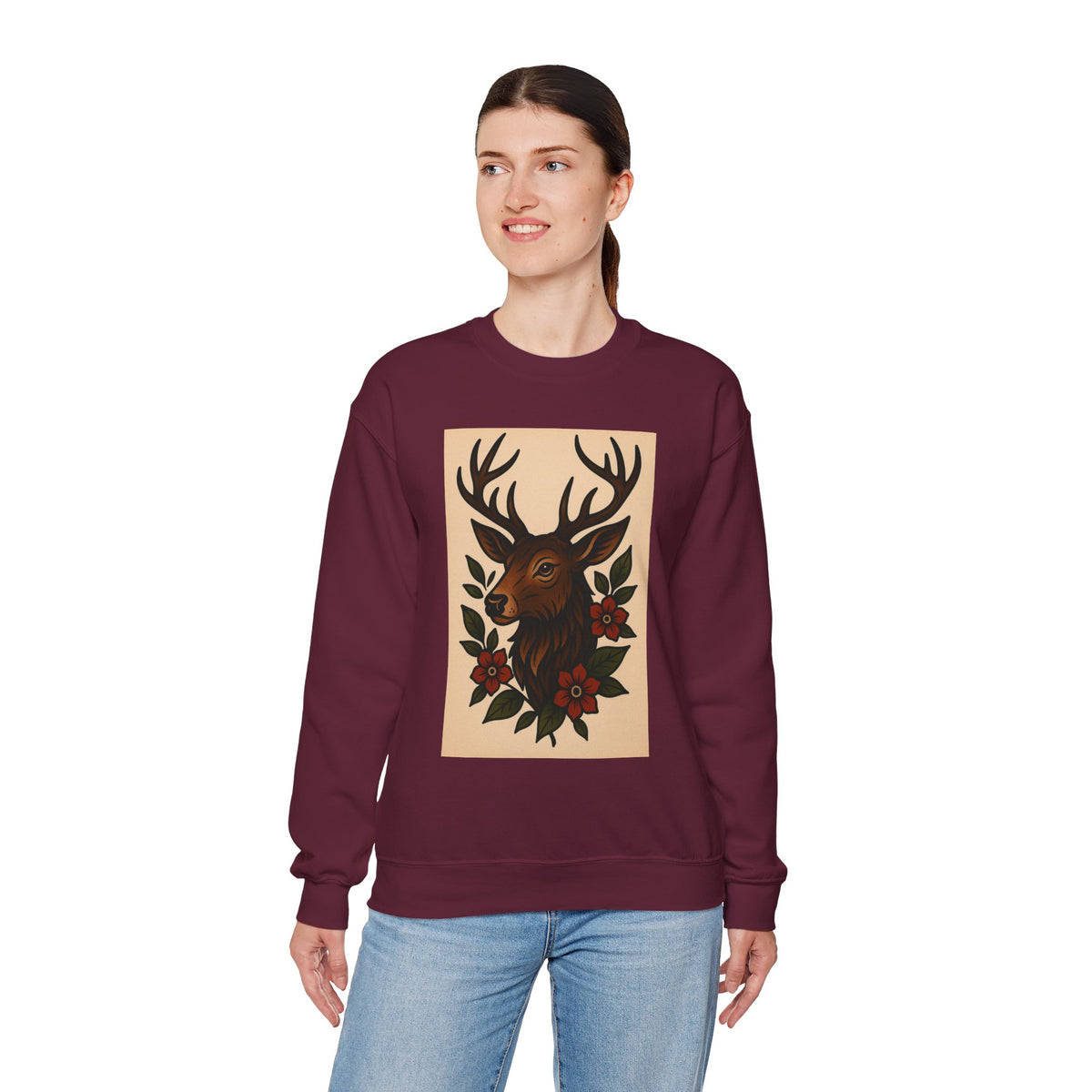 Vintage Deer Floral Sweatshirt, Cozy Unisex Crewneck, Nature Lover Gift, Forest Themed Apparel, Fall Fashion, Boho Style