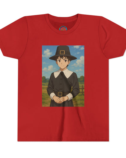 Thanksgiving Pilgrim Youth Tee, Short Sleeve Anime Shirt for Kids, Fall Apparel, Thanksgiving Celebration, Cute Holiday T-Shirt