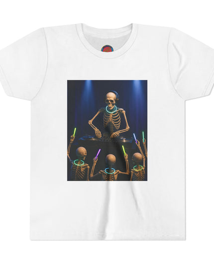Cool Skeleton DJ Youth Tee, Halloween T-Shirt, Youth Graphic Top, Fun Party Apparel, Unique Bone DJ Shirt