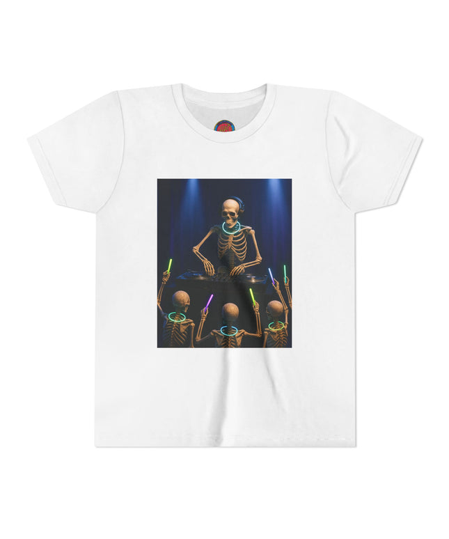 Cool Skeleton DJ Youth Tee, Halloween T-Shirt, Youth Graphic Top, Fun Party Apparel, Unique Bone DJ Shirt