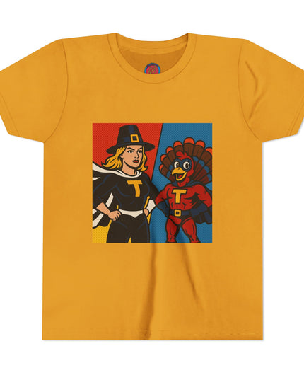 Thanksgiving Superhero Youth Tee, Fun Kids T-Shirt, Holiday Apparel, Gift for Kids, Thanksgiving Outfit, Family Gathering Tee
