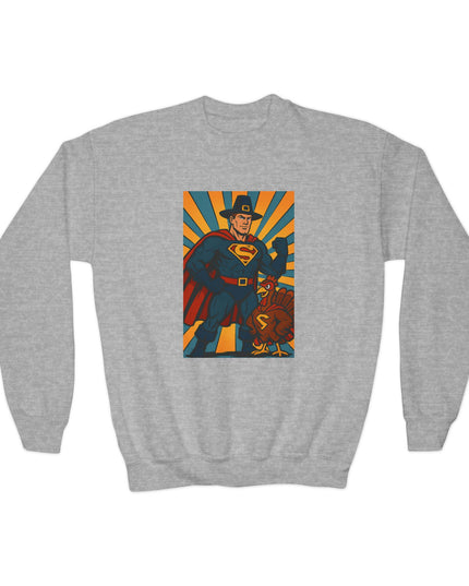 Superhero Youth Crewneck Sweatshirt, Kids Graphic Pullover, Comic Book Sweatshirt, Birthday Gift, Fun Casual Wear, Kids Thanksgiving Sweatshirt