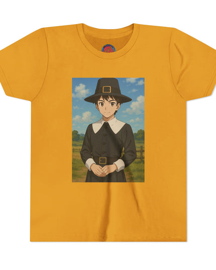 Thanksgiving Pilgrim Youth Tee, Short Sleeve Anime Shirt for Kids, Fall Apparel, Thanksgiving Celebration, Cute Holiday T-Shirt