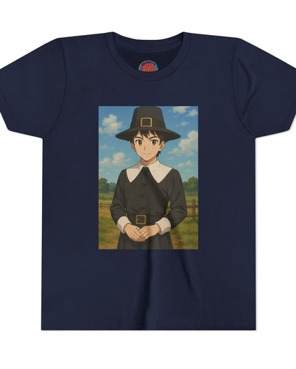 Thanksgiving Pilgrim Youth Tee, Short Sleeve Anime Shirt for Kids, Fall Apparel, Thanksgiving Celebration, Cute Holiday T-Shirt