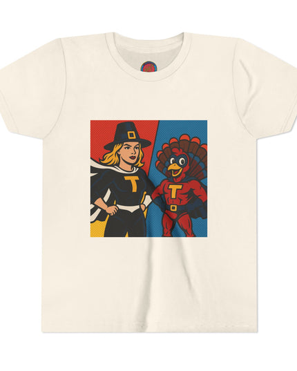 Thanksgiving Superhero Youth Tee, Fun Kids T-Shirt, Holiday Apparel, Gift for Kids, Thanksgiving Outfit, Family Gathering Tee