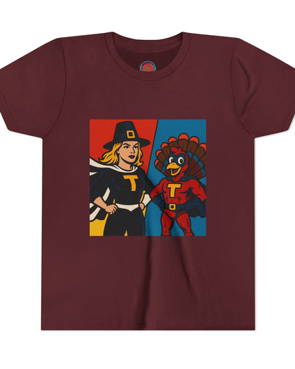 Thanksgiving Superhero Youth Tee, Fun Kids T-Shirt, Holiday Apparel, Gift for Kids, Thanksgiving Outfit, Family Gathering Tee