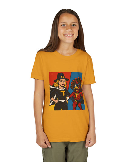 Thanksgiving Superhero Youth Tee, Fun Kids T-Shirt, Holiday Apparel, Gift for Kids, Thanksgiving Outfit, Family Gathering Tee