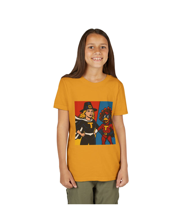 Thanksgiving Superhero Youth Tee, Fun Kids T-Shirt, Holiday Apparel, Gift for Kids, Thanksgiving Outfit, Family Gathering Tee