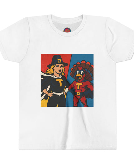 Thanksgiving Superhero Youth Tee, Fun Kids T-Shirt, Holiday Apparel, Gift for Kids, Thanksgiving Outfit, Family Gathering Tee