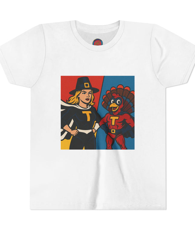 Thanksgiving Superhero Youth Tee, Fun Kids T-Shirt, Holiday Apparel, Gift for Kids, Thanksgiving Outfit, Family Gathering Tee