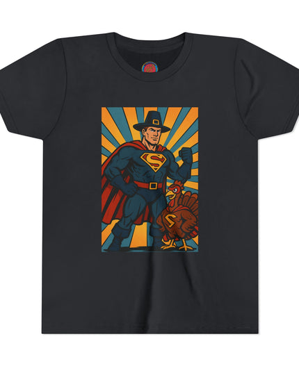 Thanksgiving Superhero Youth Tee - Fun and Unique Short Sleeve T-Shirt for Kids, Birthday Gift, Thanksgiving, Everyday Playwear