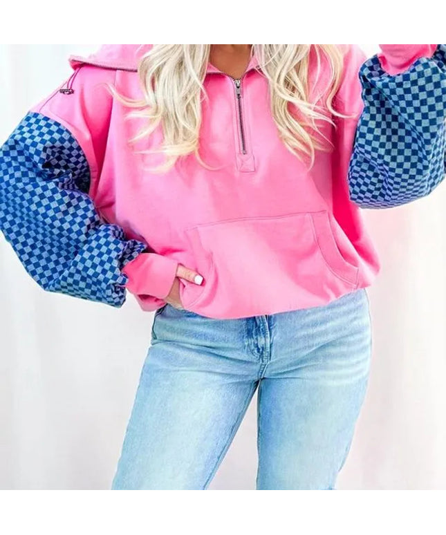 Checkered Patchwork Kangaroo Pocket Half Zipper Hoodie