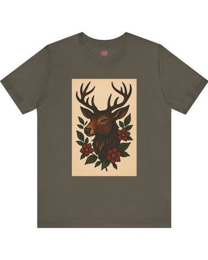 Rustic Deer Graphic Tee, Boho Nature Shirt, Vintage Animal Print Top, Unisex Casual Wear, Perfect for Outdoor Adventures